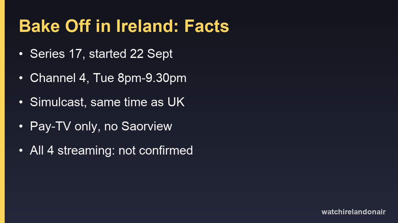 Information card: Great British Bake Off series 2026 details for Irish viewers