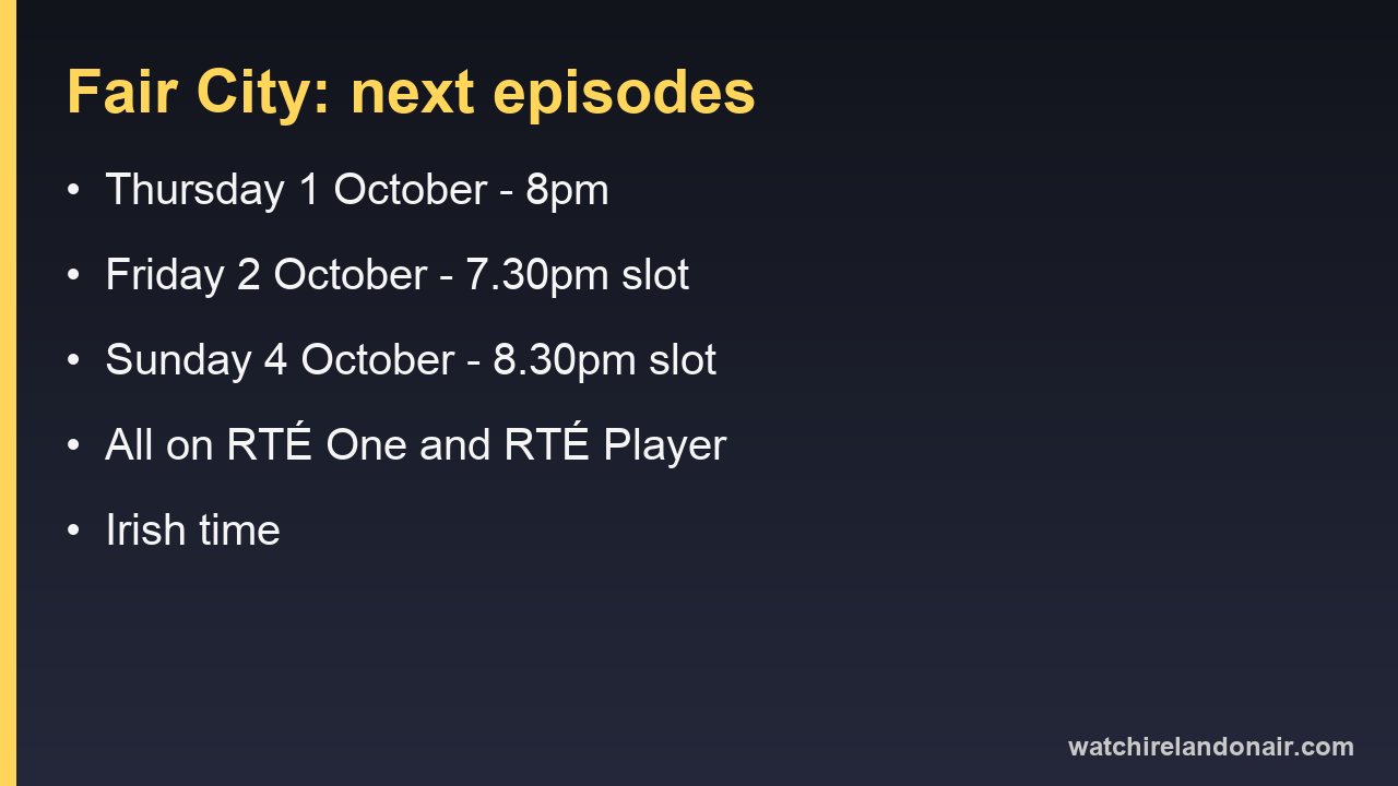 Card listing the next Fair City episodes on RTÉ One with Irish times