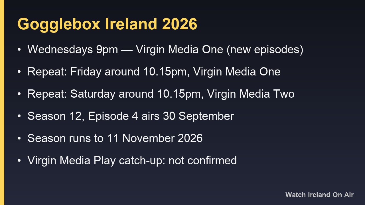 Information card listing Gogglebox Ireland's Wednesday, Friday and Saturday airtimes on Virgin Media