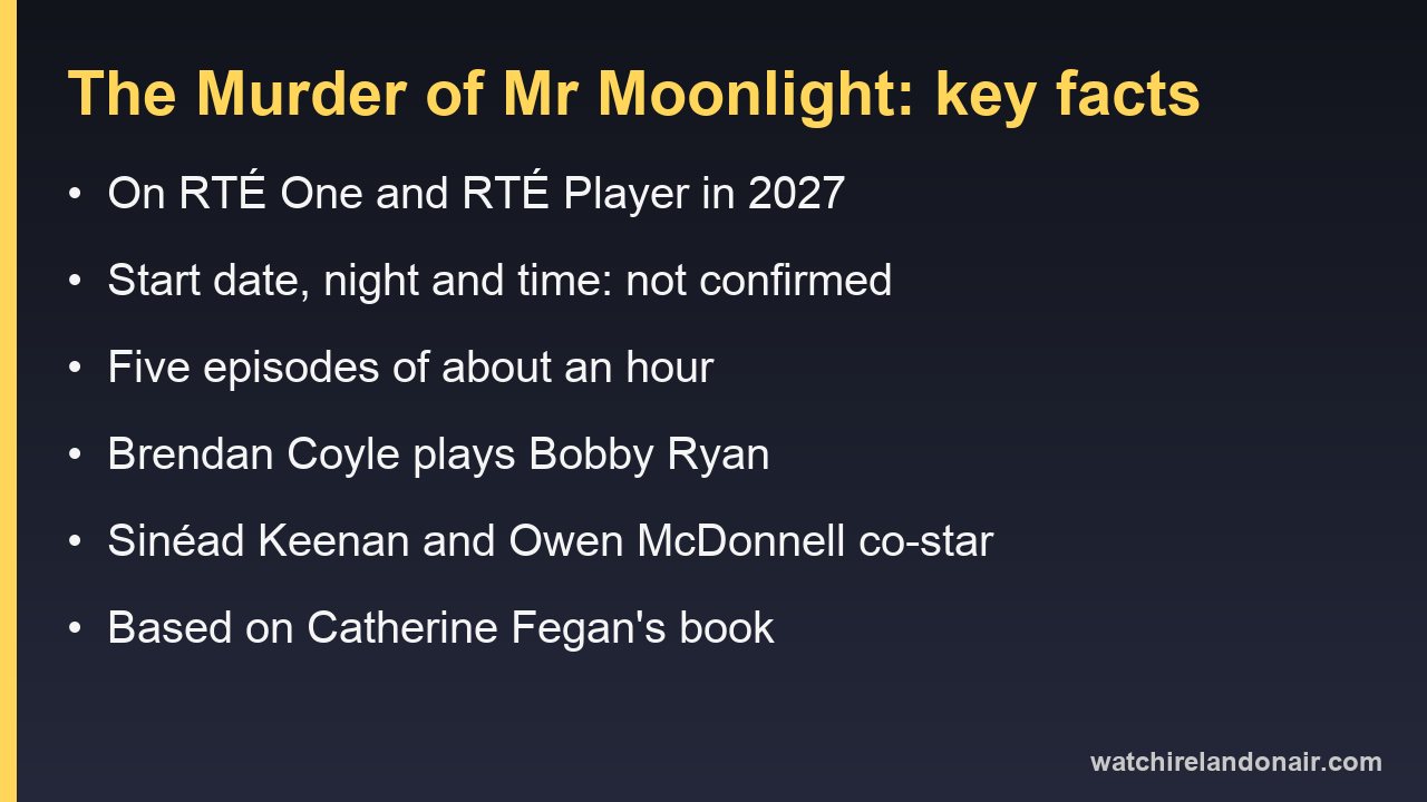 Information card for The Murder of Mr Moonlight: RTÉ One and RTÉ Player in 2027, five episodes, Brendan Coyle as Bobby Ryan, start date not confirmed