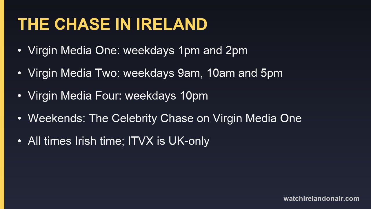 Information card listing The Chase airings on Virgin Media One, Two and Four in Ireland