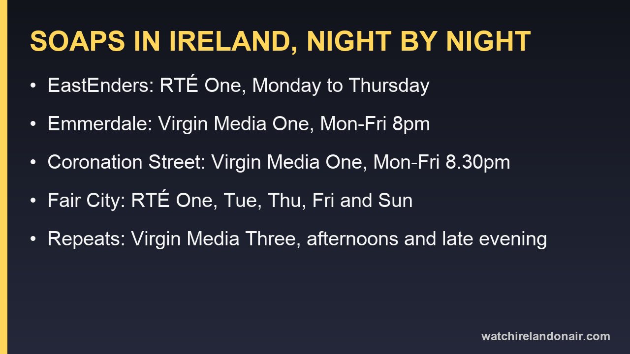 Information card showing the soap line-up on RTÉ One and Virgin Media One in Ireland